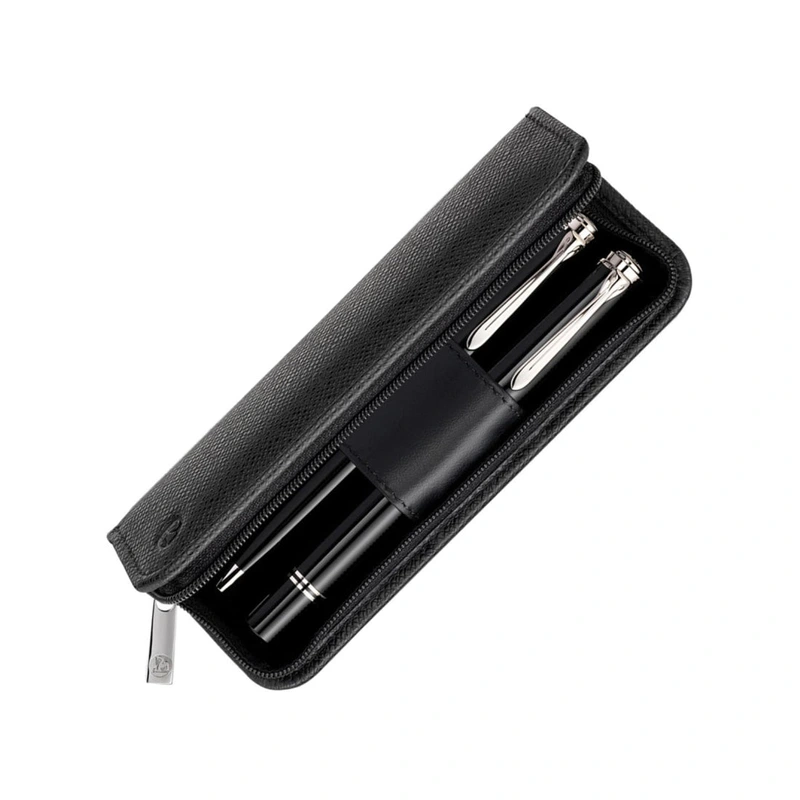 2 Pen Nappa Black Grained Leather Pouch with Zip